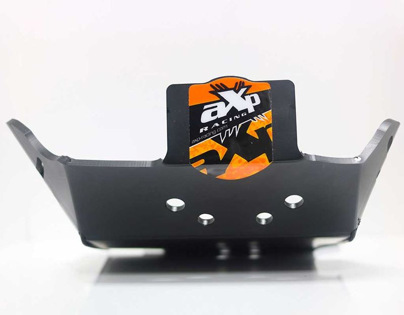 Front view of the 6mm black HDPE plastic skid plate for KTM 125SX