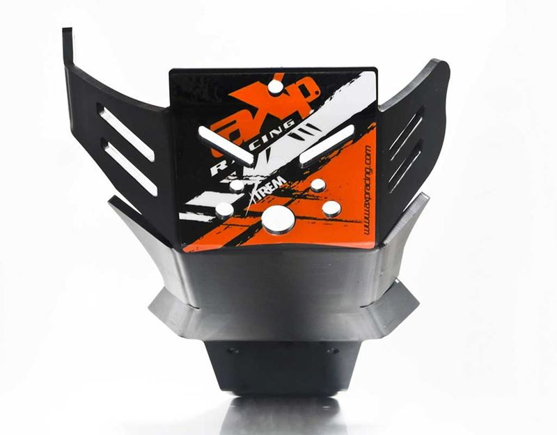 Front view of the black HDPE plastic skid plate with linkage guard for KTM - Husqvarna 250 / 350 4T