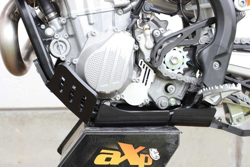 Left side of the black HDPE plastic skid plate with linkage guard for KTM - Husqvarna 450 / 501