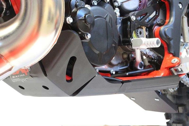 Right side of the black HDPE plastic skid plate with linkage guard for GasGas Enduro 2T