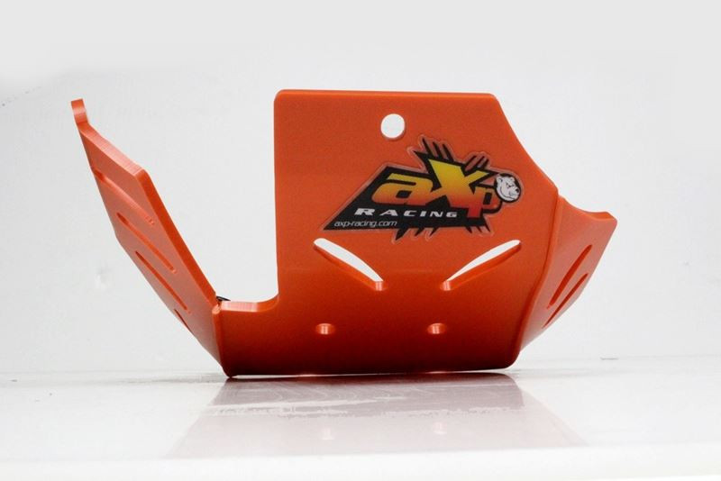 Front view of the 6mm orange PEHD plastic skid plate for KTM 250SX
