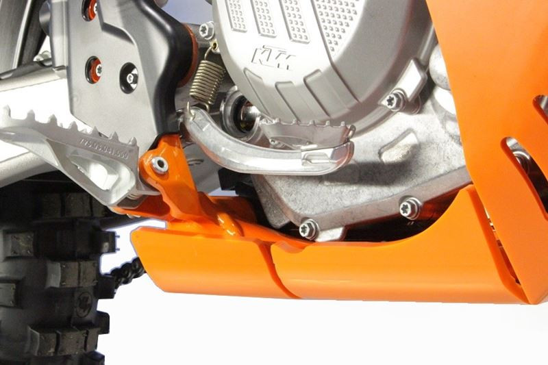 Close up of the right side of the orange HDPE plastic skid plate for KTM 450EXCF - 500EXCF