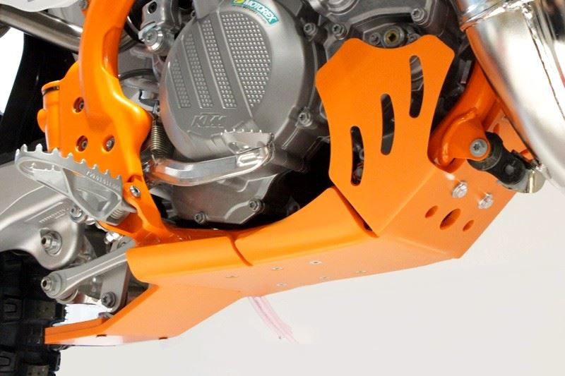 Right side of the orange HDPE plastic skid plate with linkage guard for KTM 250 - 300 2T
