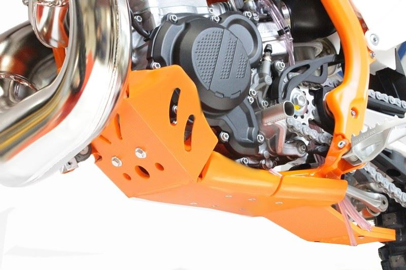 Côté gauche du sabot orange en plastique PEHD avec protection de biellette pour KTM 250 - 300 2T