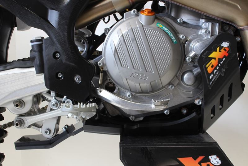 Right side of the black HDPE plastic skid plate with linkage guard for KTM 450 SX-F / Husqvarna FC450