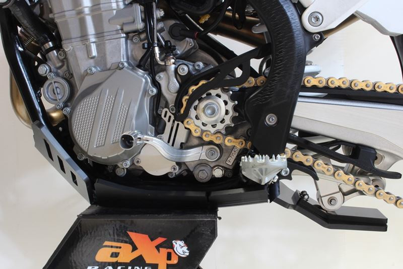 Left side of the black HDPE plastic skid plate with linkage guard for KTM 450 SX-F / Husqvarna FC450