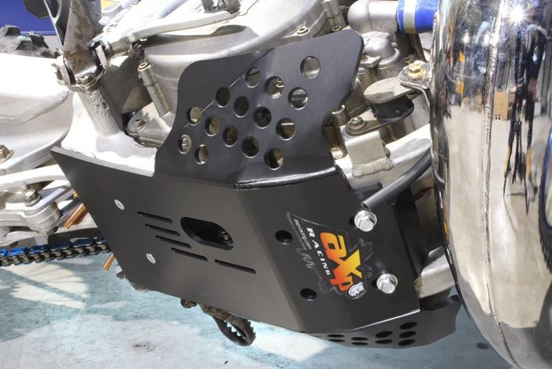 Bottom view of the black 6mm HDPE plastic skid plate for TM Racing 250 - 300