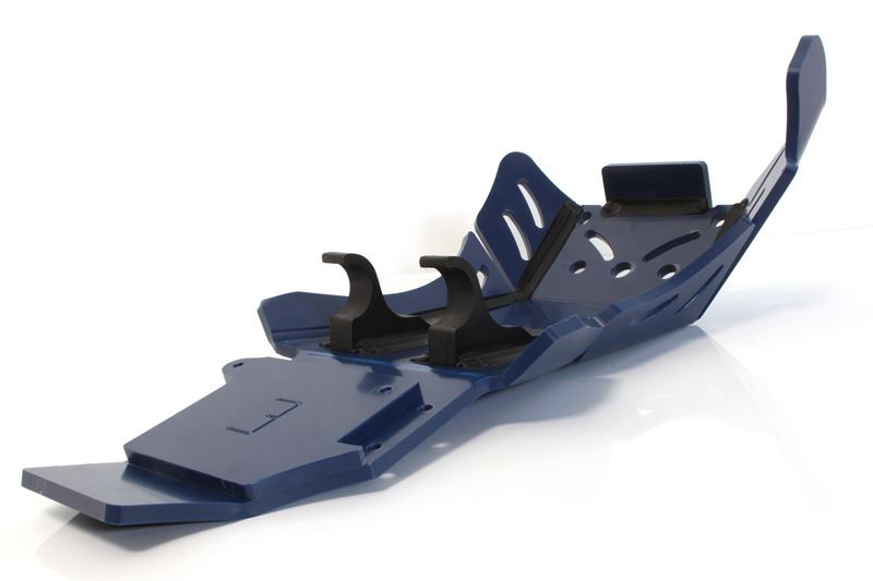 Vue arrière du sabot bleu en plastique PEHD avec protection de biellette pour Husqvarna FE250 - FE350