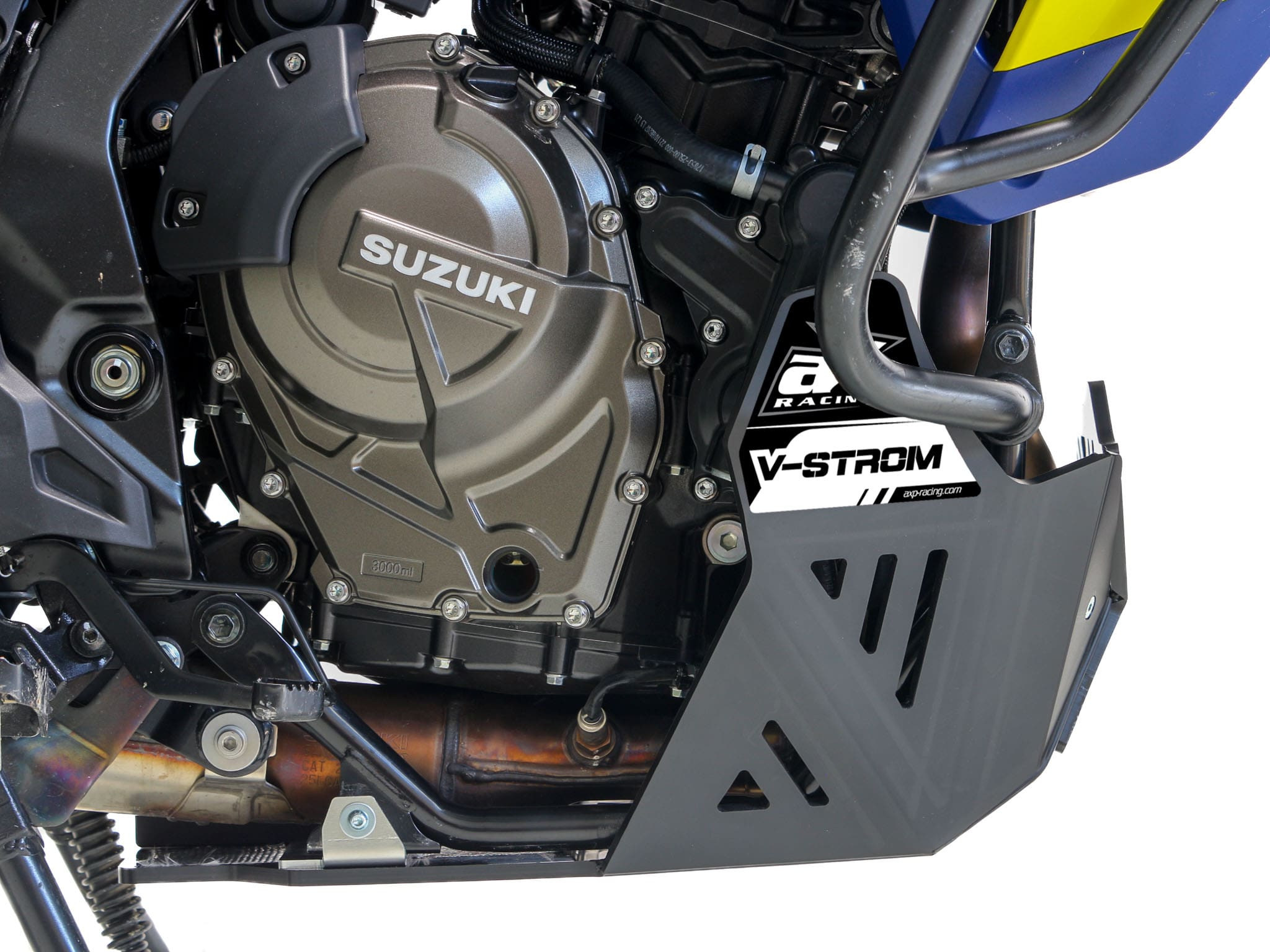 Right side of a black HDPE skid plate mounted on a Suzuki V-strom 800DE