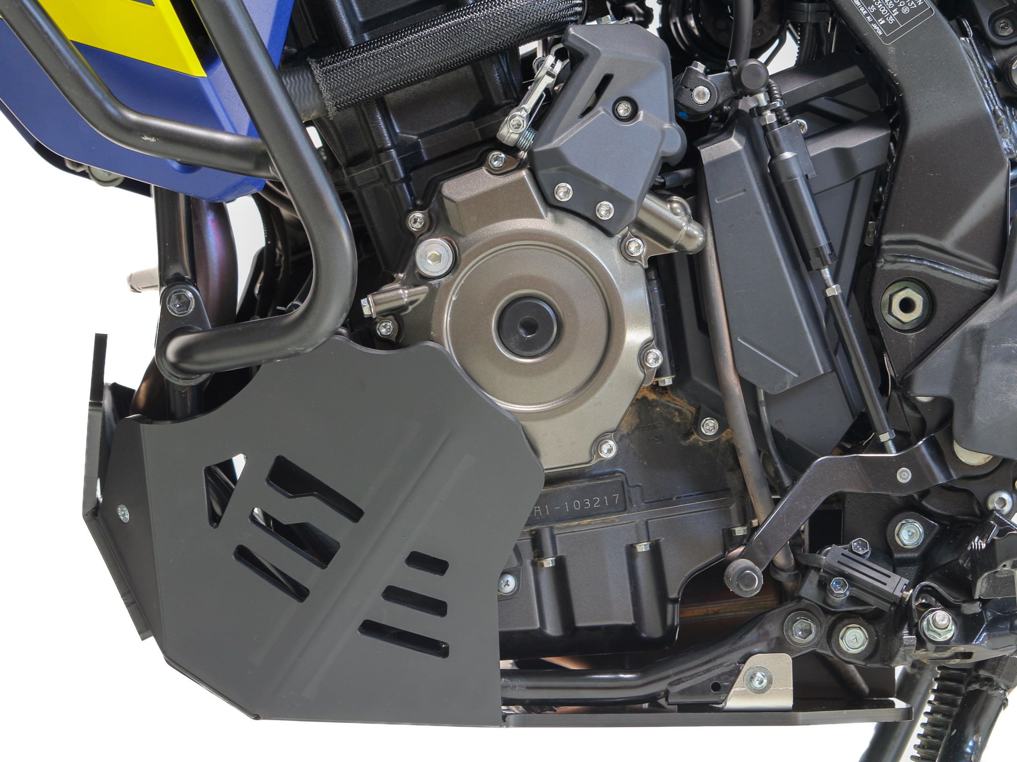 Left side of a black HDPE skid plate mounted on a Suzuki V-strom 800DE