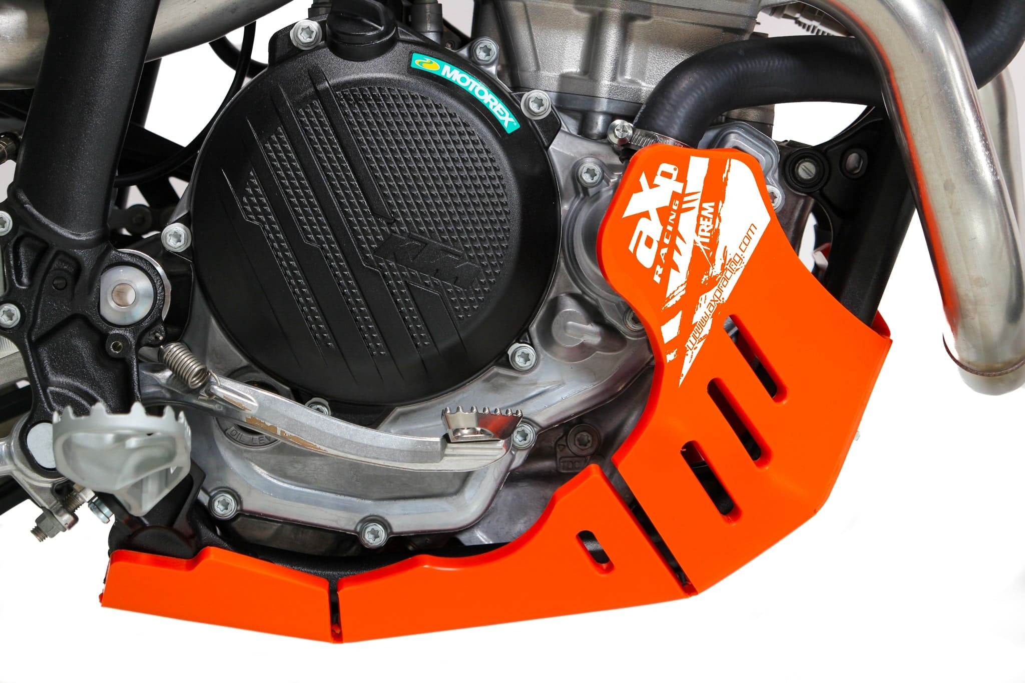 Right side of the orange HDPE plastic skid plate for KTM 250EXCF and 350EXCF