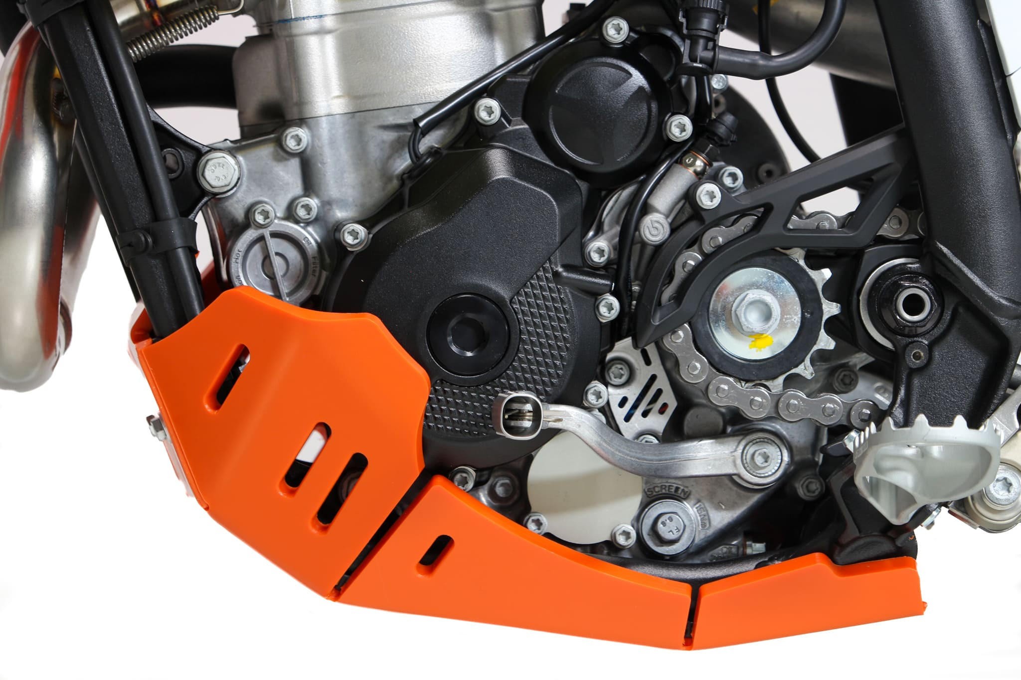 Left side of the orange HDPE plastic skid plate for KTM 250EXCF and 350EXCF